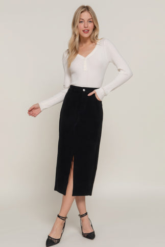 Front Open Slit Corduroy Midi Skirt