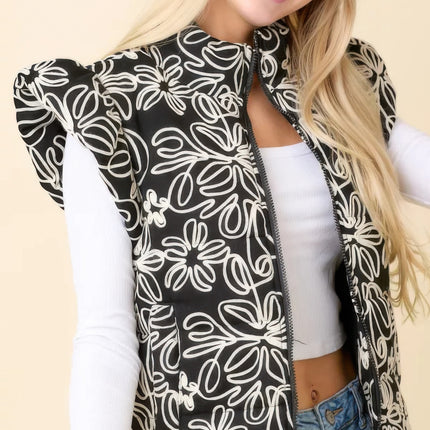 Floral Velvet Embroidered Denim Puffer Vest