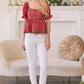 Plaid Print Baby Doll Puff Sleeve Top With Contrasting Lace Trim Detail