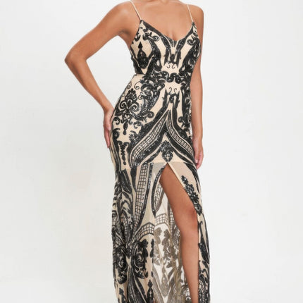 Spaghetti Strap Art Deco Sequins Maxi Dress