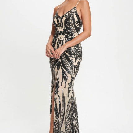 Spaghetti Strap Art Deco Sequins Maxi Dress