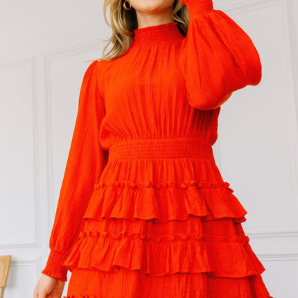 Long Sleeve Smocked Neck Tiered Ruffle Mini Dress