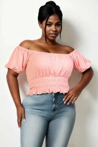 Plus size casual ruched puff sleeve ribbed knit solid top