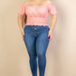 Plus size casual ruched puff sleeve ribbed knit solid top