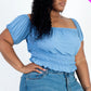 Plus size casual ruched puff sleeve ribbed knit solid top