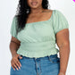 Plus size casual ruched puff sleeve ribbed knit solid top