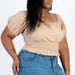 Plus size casual ruched puff sleeve ribbed knit solid top