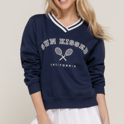 Long slv v-neck embroidered sweatshirt