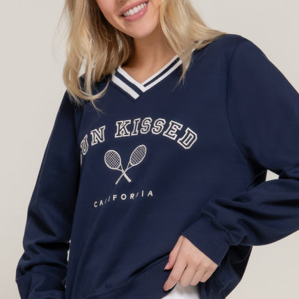 Long slv v-neck embroidered sweatshirt