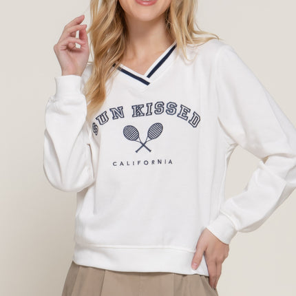 Long slv v-neck embroidered sweatshirt