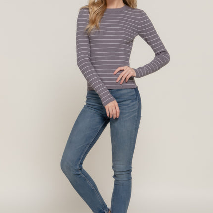 Long slv crew neck stripe sweater