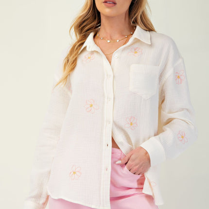 Embo detailed cotton gauze button down shirt