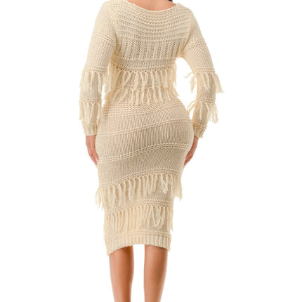 Knit Long Sleeve Fringe Dress