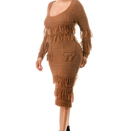 Knit Long Sleeve Fringe Dress