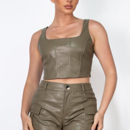 Faux Leather Square Zippered Crop Top