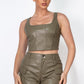 Faux Leather Square Zippered Crop Top