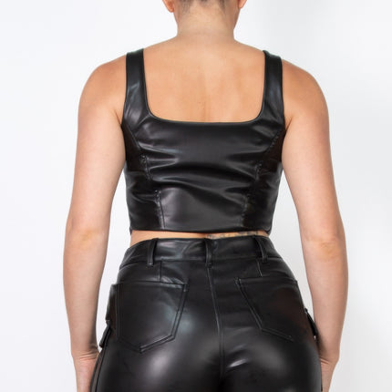 Faux Leather Square Zippered Crop Top