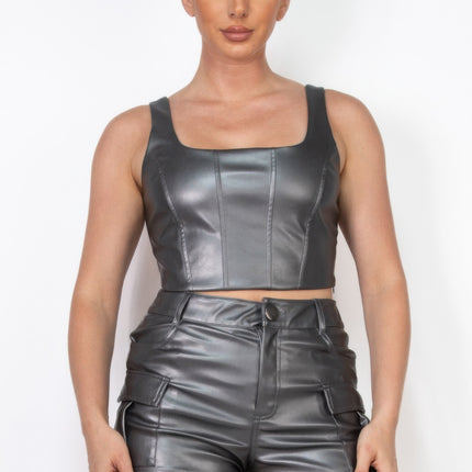 Faux Leather Square Zippered Crop Top