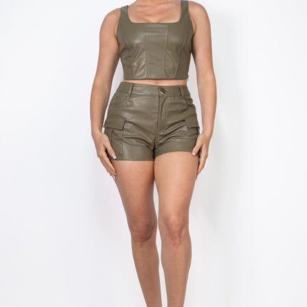 Faux Leather Square Zippered Crop Top