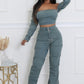 Denim Off The Shoulder Stretch Pant Set