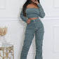 Denim Off The Shoulder Stretch Pant Set