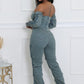 Denim Off The Shoulder Stretch Pant Set