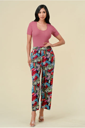 Lightweight floral print elastic pants with pockets multicolored