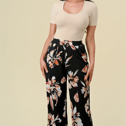 Lightweight floral print elastic pants with pockets black