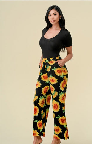 Lightweight floral print elastic pants with pockets sunflower