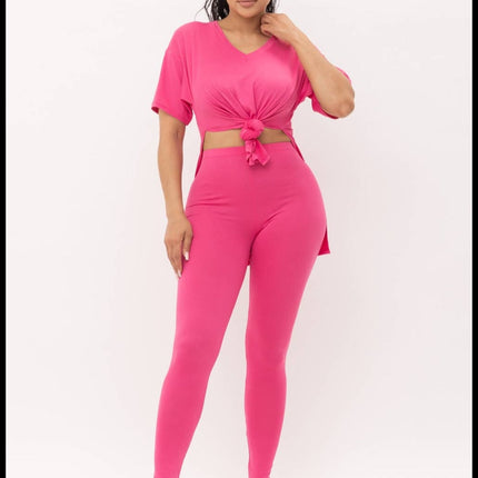 V-neck basic top and leggings ( Fuchsia )