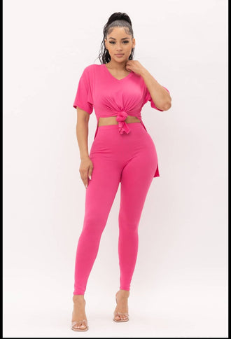 V-neck basic top and leggings ( Fuchsia )