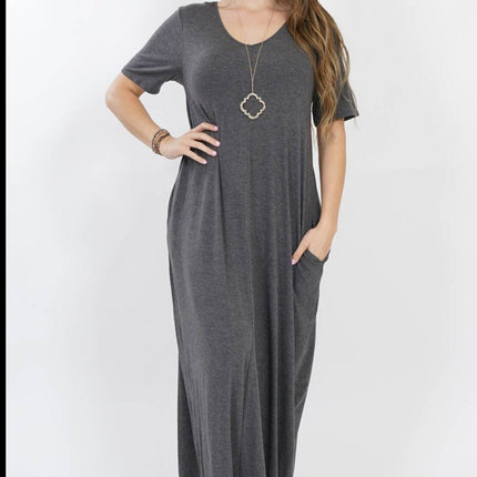 Charcoal plus size short sleeve maxi dress with pockets