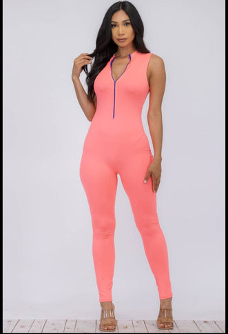 Coral Plus size sleeveless mock neckline Jumpsuit