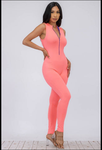 Coral Plus size sleeveless mock neckline Jumpsuit