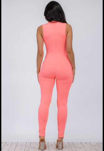 Coral Plus size sleeveless mock neckline Jumpsuit