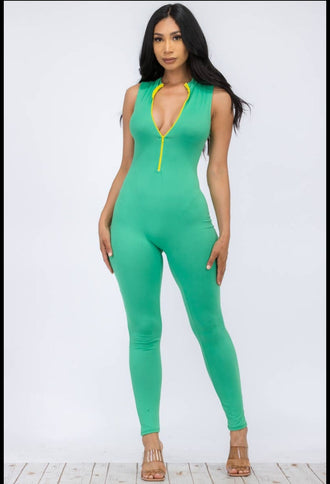 Green Plus size sleeveless mock neckline Jumpsuit