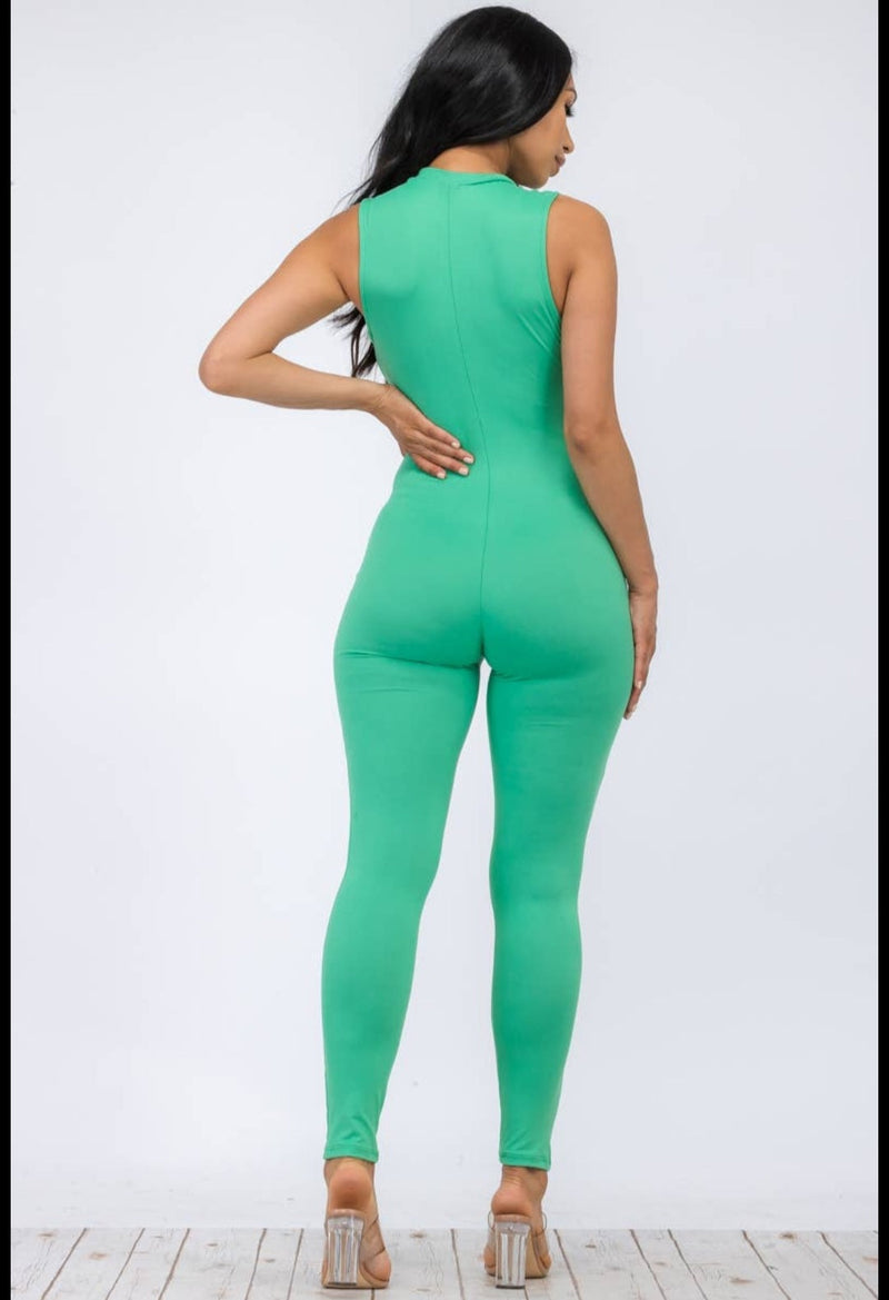 Green Plus size sleeveless mock neckline Jumpsuit