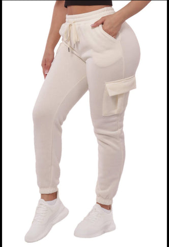 Cream Women's Fleeced Lined Cargo Jogger Sweatpants