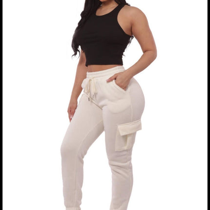 Cream Women's Fleeced Lined Cargo Jogger Sweatpants