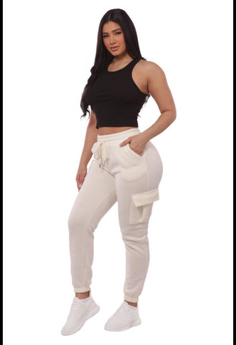 Cream Women's Fleeced Lined Cargo Jogger Sweatpants