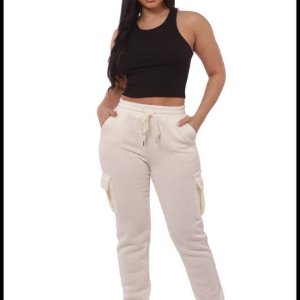 Cream Women's Fleeced Lined Cargo Jogger Sweatpants