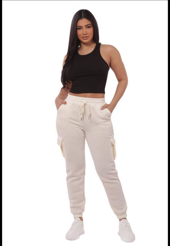 Cream Women's Fleeced Lined Cargo Jogger Sweatpants