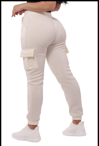 Cream Women's Fleeced Lined Cargo Jogger Sweatpants