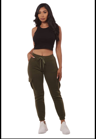 Hunter Green Women's Fleeced Lined Cargo Jogger Sweatpants