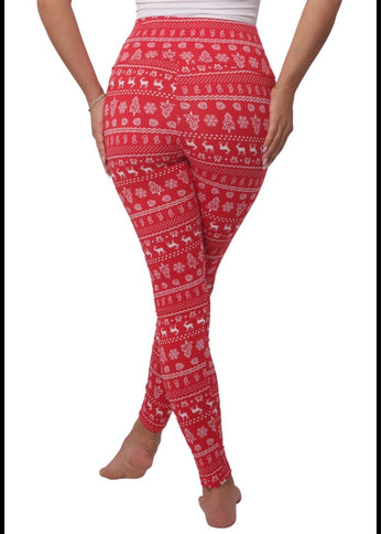 Red Fleeced Lined Holiday Print Leggings