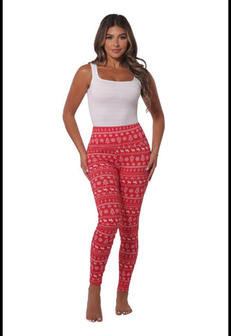 Red Fleeced Lined Holiday Print Leggings