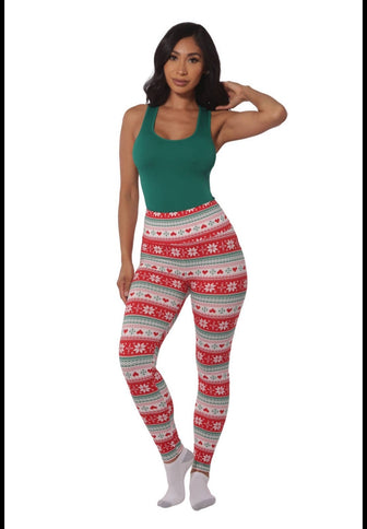 Green/Red Fleeced Lined Holiday Print Leggings