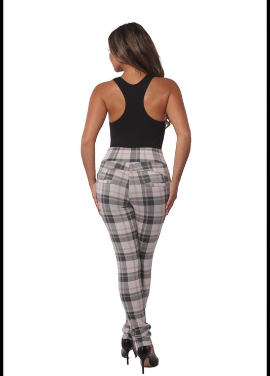 Plaid sculpting treggings with waist button detail