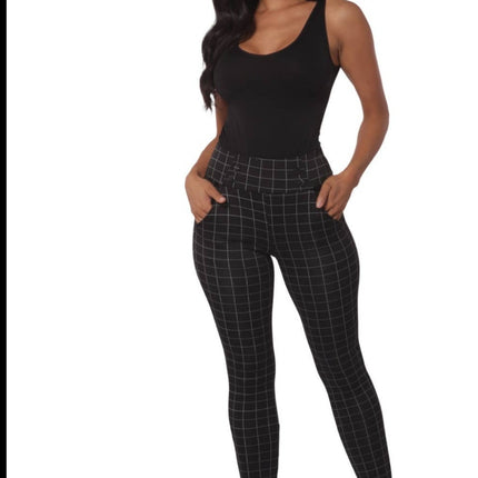 Black Plaid sculpting treggings with waist button detail