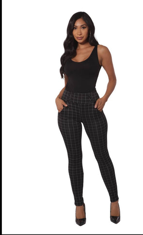 Black Plaid sculpting treggings with waist button detail